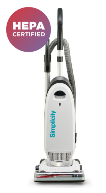 White Simplicity upright vacuum cleaner with HEPA certification badge.