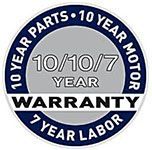 Warranty seal: 10-year parts, 10-year motor, 7-year labor. Blue and silver design.