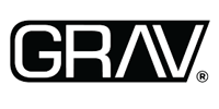 GRAV logo with white text on black, rounded rectangle with