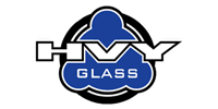 Logo for HVY Glass in white text on a blue cloud-shaped background, encircled by a black outline.