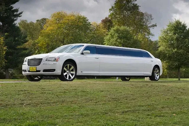 White limousine parked on grass, trees in background.