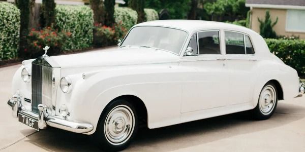 White Rolls-Royce sedan parked on a paved driveway in front of green shrubs.