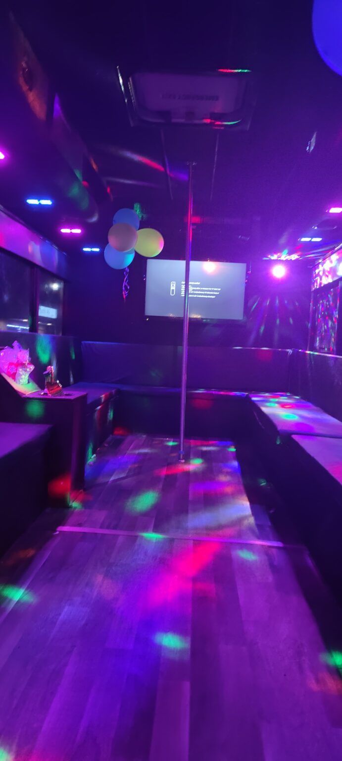 A dimly lit club interior with a dance pole. Purple, green, and pink lights illuminate the space.