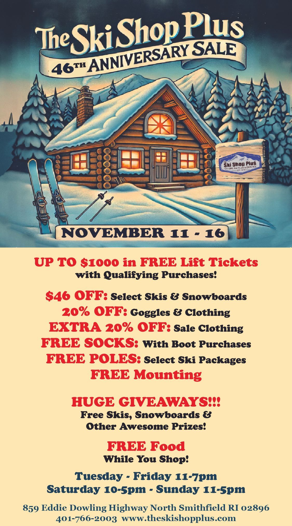 Ad for The Ski Shop Plus sale: skis, snowboards, gear, and free lift tickets. Features a cabin in a snowy setting.
