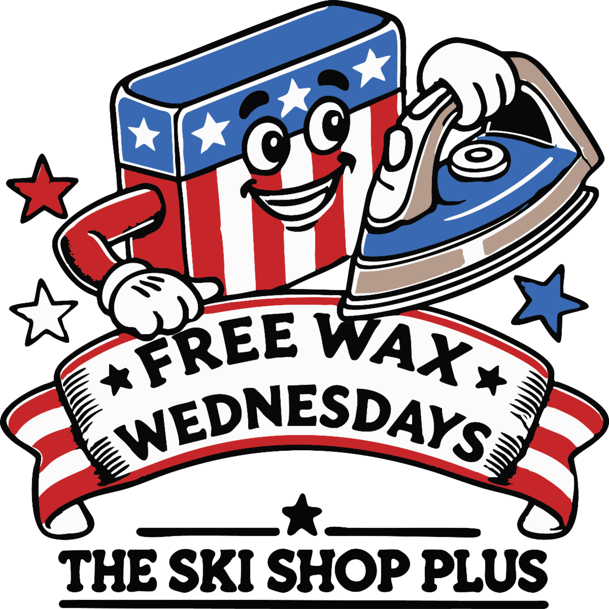 A logo for the Ski Shop Plus that says Free Wax Wednesdays