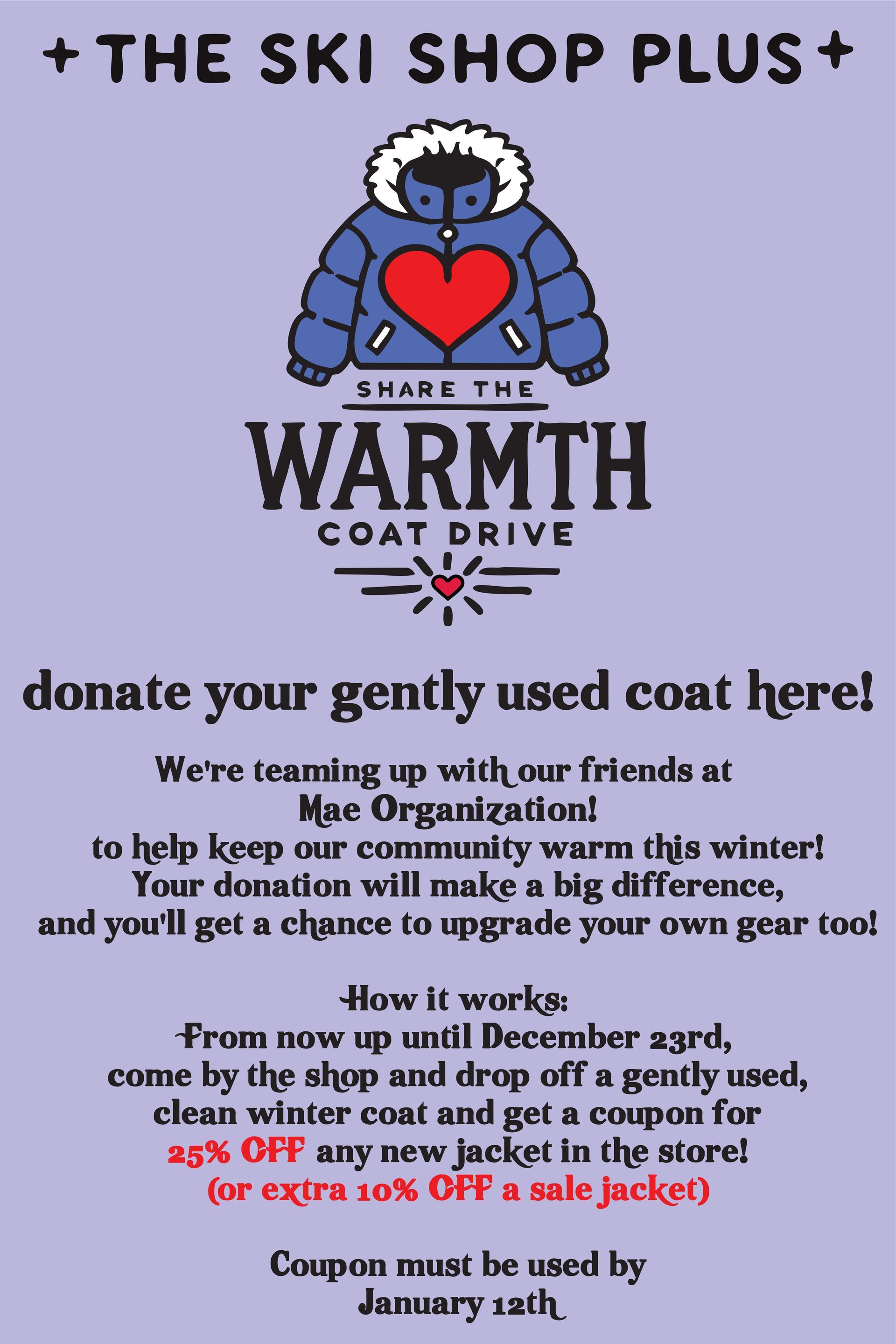 Advertisement for a coat drive at The Ski Shop Plus, asking for donations of gently used coats in exchange for coupons.