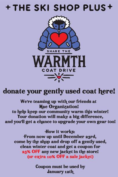 Advertisement for a coat drive at The Ski Shop Plus, asking for donations of gently used coats in exchange for coupons.