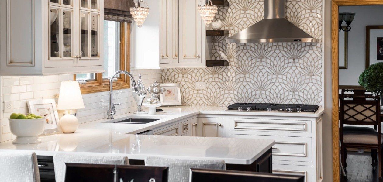Quartz Vicostone Super White Countertops with Marble Backsplash