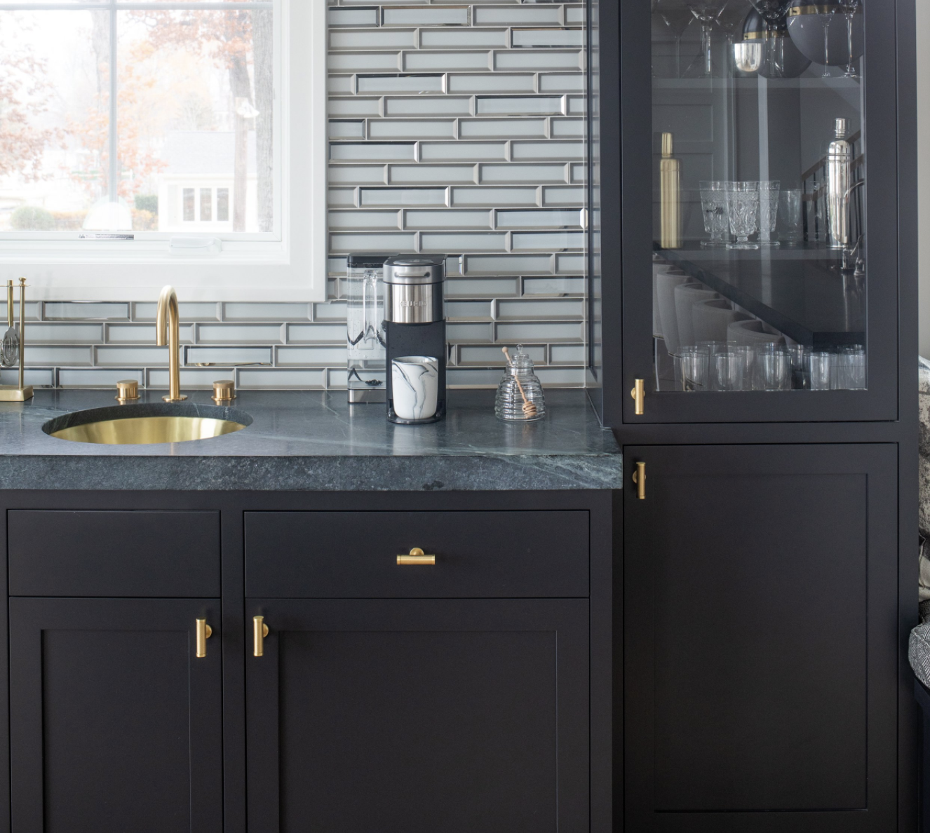 Dark countertop with black cabinets