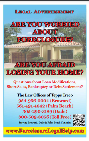 Advertisement: Worried about foreclosure? Law firm offers legal help. House image, contact info.