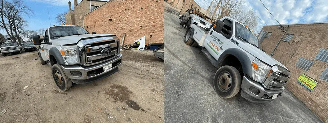 Two views of a white truck, angled on a rocky hill, near a brick building and other vehicles.