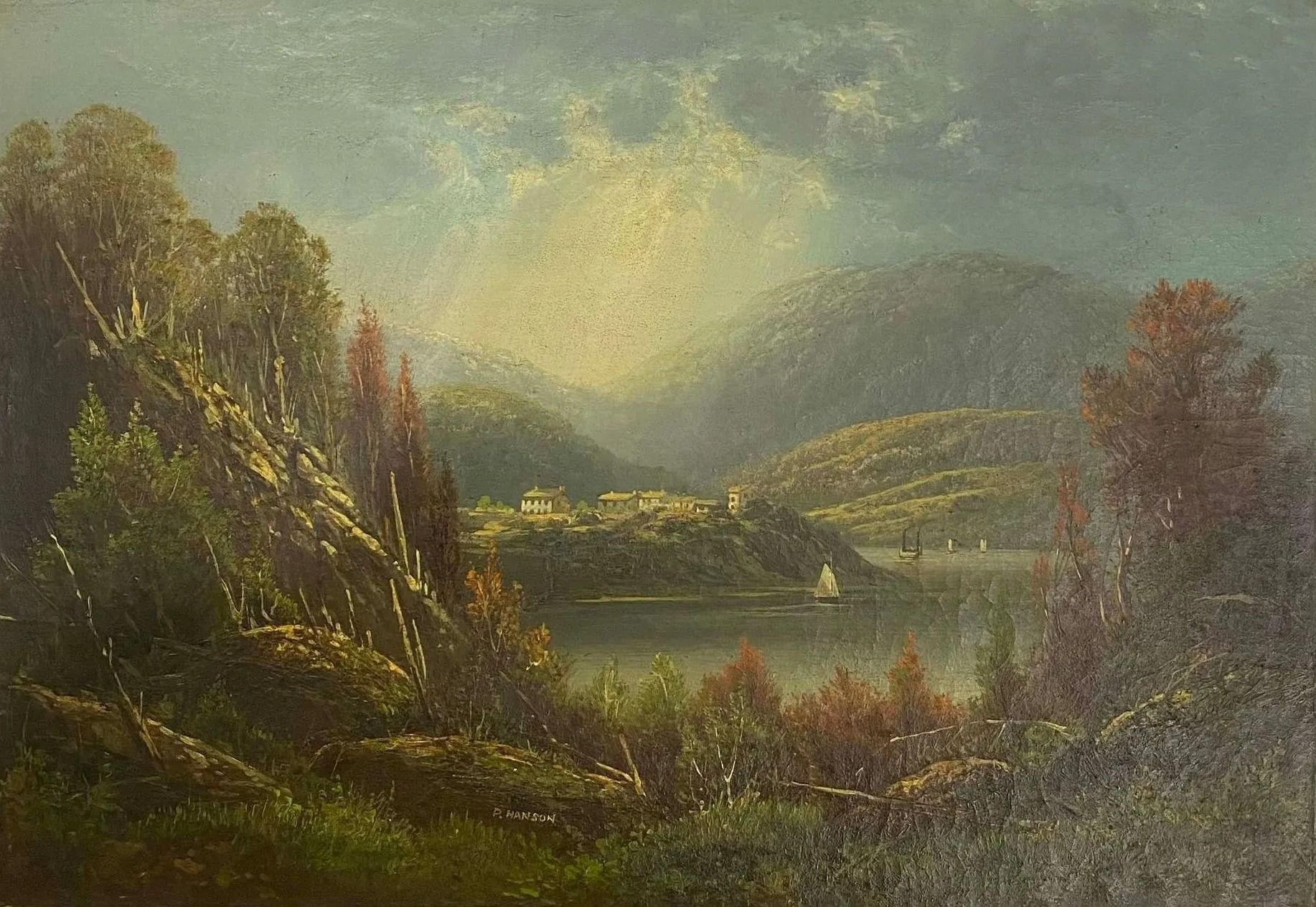 A landscape painting depicts a calm lake with a small sailboat.