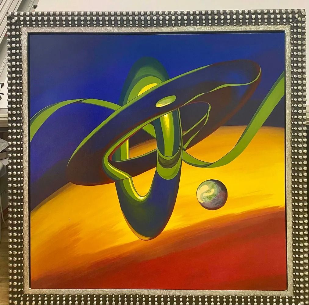 Abstract art: Geometric shapes in a blue, yellow, and red landscape.