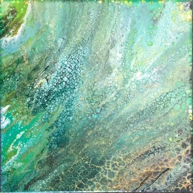 Abstract fluid acrylic art in shades of green, blue, and gold with textured cell-like patterns.