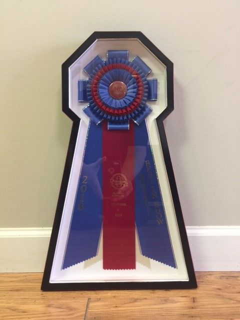 Framed blue and red award ribbon, mounted in a black shadow box against a cream wall.