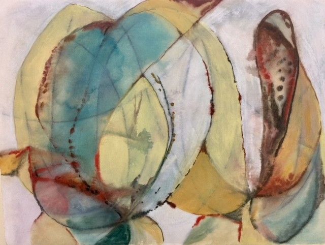 Abstract watercolor painting with overlapping organic shapes in blues, yellows, and reds.