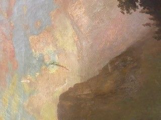 Soft, golden-hued landscape painting with a cliff edge, a hazy sky, and a few indistinct shapes.