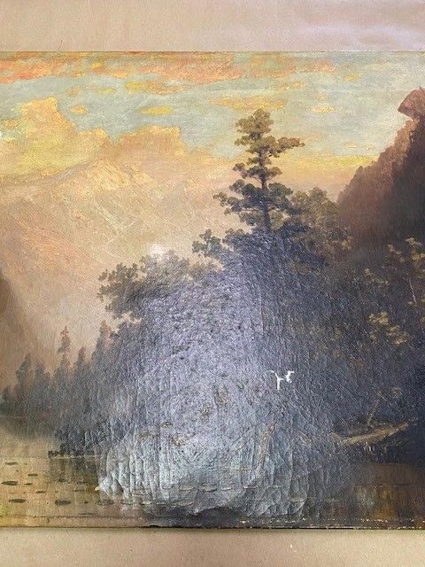 Landscape painting with a lake, trees, and mountains under a cloudy sky. A white bird flies near the trees.