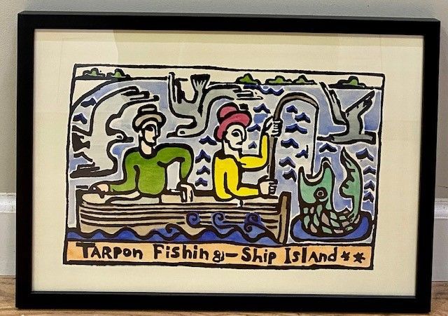 Colorful folk art of two people fishing from a boat, catching a large fish, with the text 
