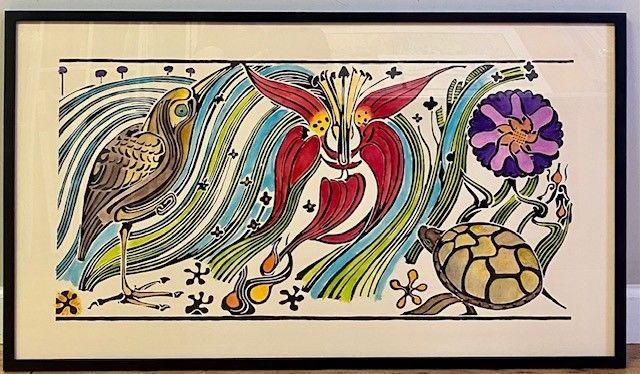 Illustration featuring a heron, red flower, purple flower, and turtle amidst flowing lines in blue and green.