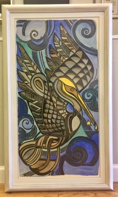 Watercolor painting of a stylized pelican with patterned wings and body.
