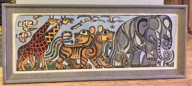 Artwork of a giraffe, two tigers, and an elephant in a decorative, framed style, with blue background and earth tones.