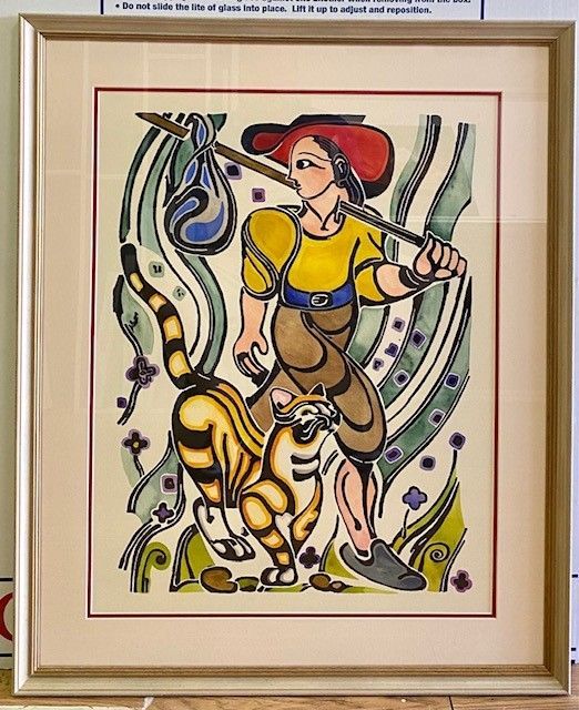 Cartoon-style artwork of a person with a red hat and a cat walking with a bag on a stick; swirls and floral elements.