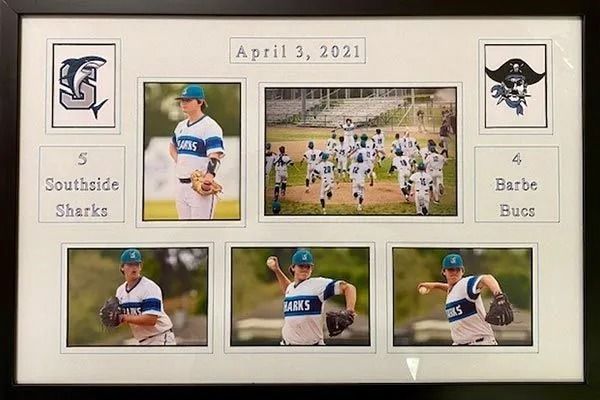 Framed baseball game display. Contains team logos, player photos, score, and a group celebration shot.