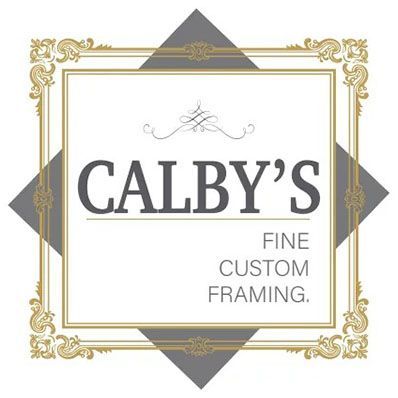Logo for Calby's Fine Custom Framing, featuring gold ornate frame, gray diamond background, and text.