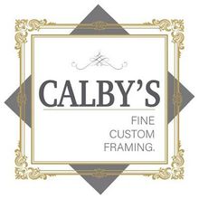 Logo for Calby's Fine Custom Framing, featuring gold ornate frame, gray diamond background, and text.