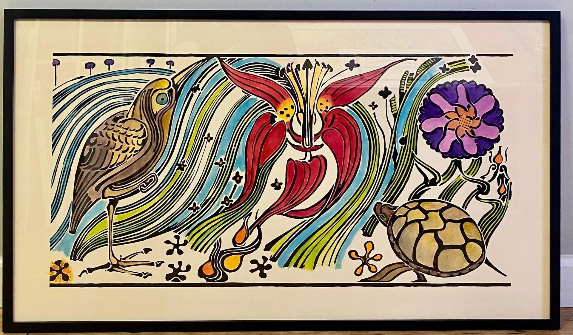 Illustration featuring a bird, red flower, turtle, and a purple flower amidst wavy lines.