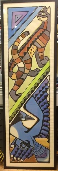 A vertical painting of a stylized cat above a blue jay. The cat is made of geometric shapes in muted colors.