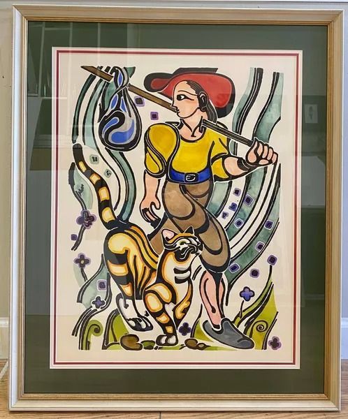 Colorful painting of a figure with a walking stick and a cat. The person wears a red hat and yellow shirt.