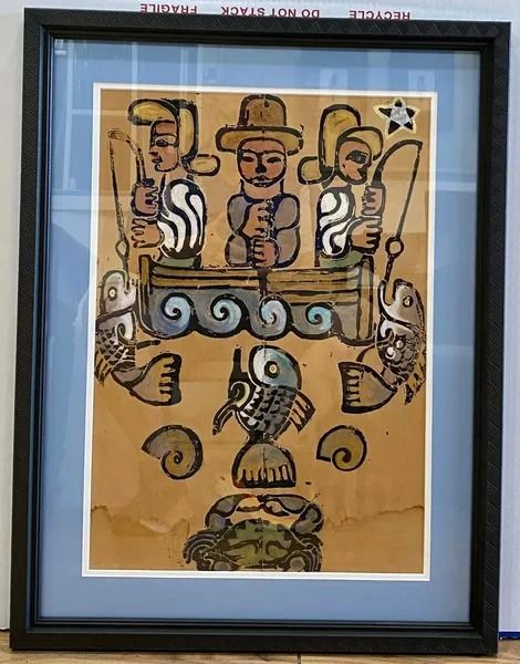 Watercolor painting of three stylized fishermen on a boat, with fish and a crab below, framed in black.