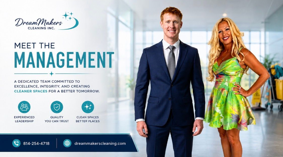 Promotional banner for Meet the Management with a suited man and woman in colorful dresses on a white background