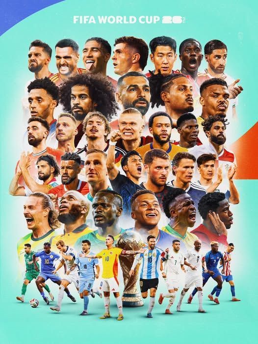 FIFA World Cup promotional graphic with portraits of soccer players and players in uniform around a trophy.
