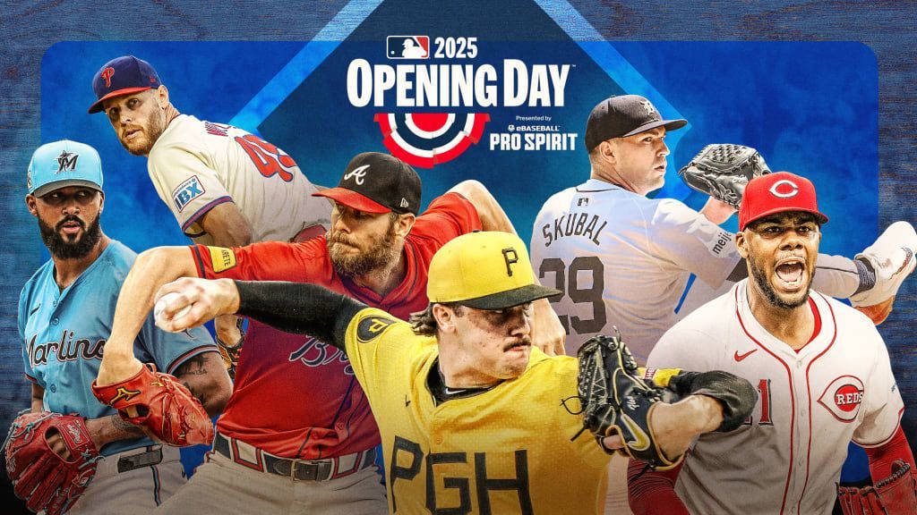 MLB 2025 Opening Day graphic featuring baseball players in uniforms, ready to pitch, against a blue background.