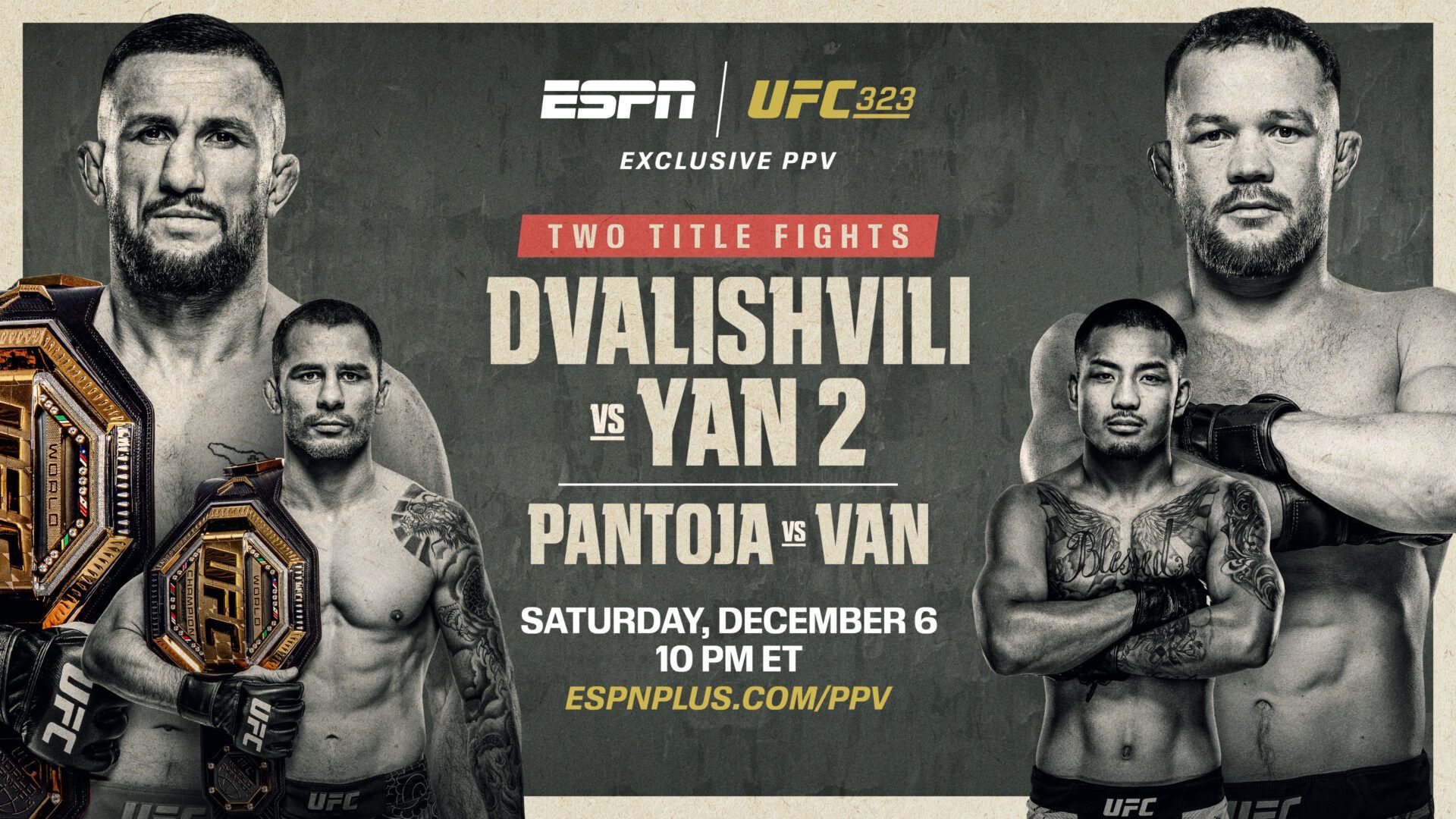 UFC fight poster: Dvalishvili vs Yan 2 and Pantoja vs Van. Two fighters on each side, holding UFC belts. ESPN+ PPV.