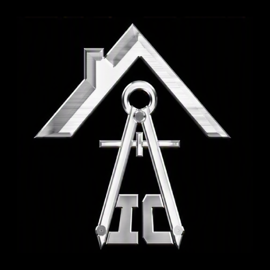 A stylized icon of a house roof positioned above a drafting compass framing the letters "IC," set on a black background.