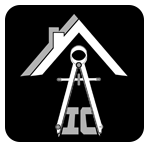 A stylized icon of a house roof positioned above a drafting compass framing the letters "IC," set on a black background.
