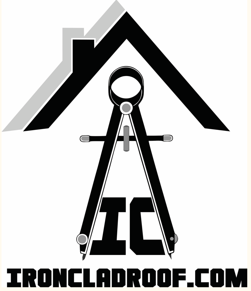 Black and gray roof logo with compass, text reads IRONCLADROOF.COM