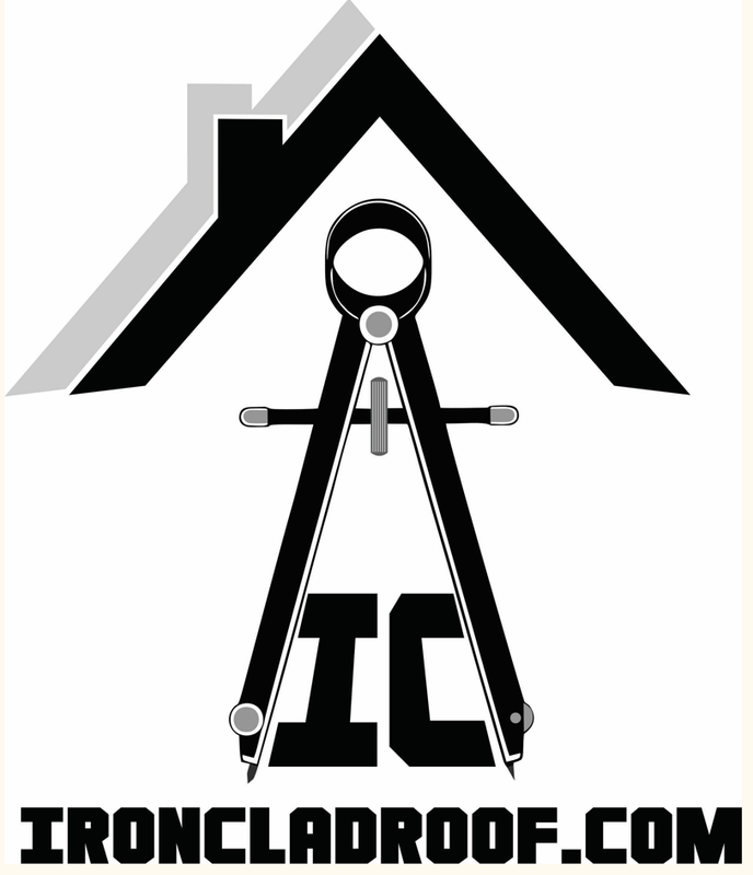 Black and gray roof logo with compass, text reads IRONCLADROOF.COM