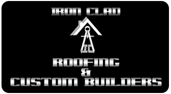 Logo for Iron Clad Roofing & Custom Builders with a house roof and drafting compass icon on a black background.