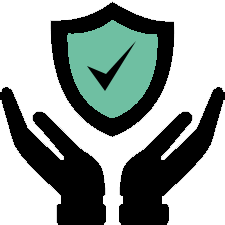 Hands holding a green shield with a checkmark, symbolizing protection or security