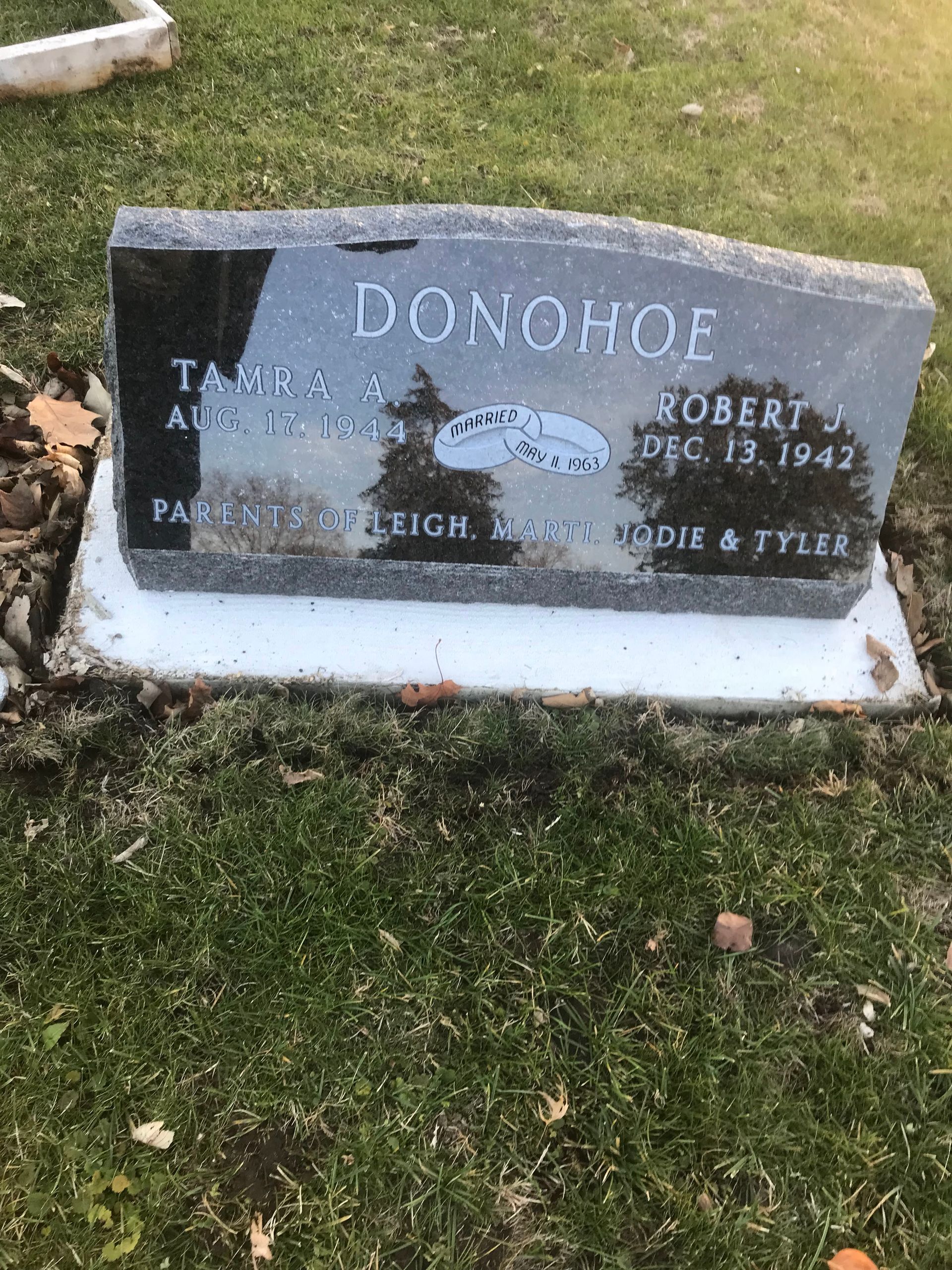 A gravestone in a cemetery with the name Donohoe on it