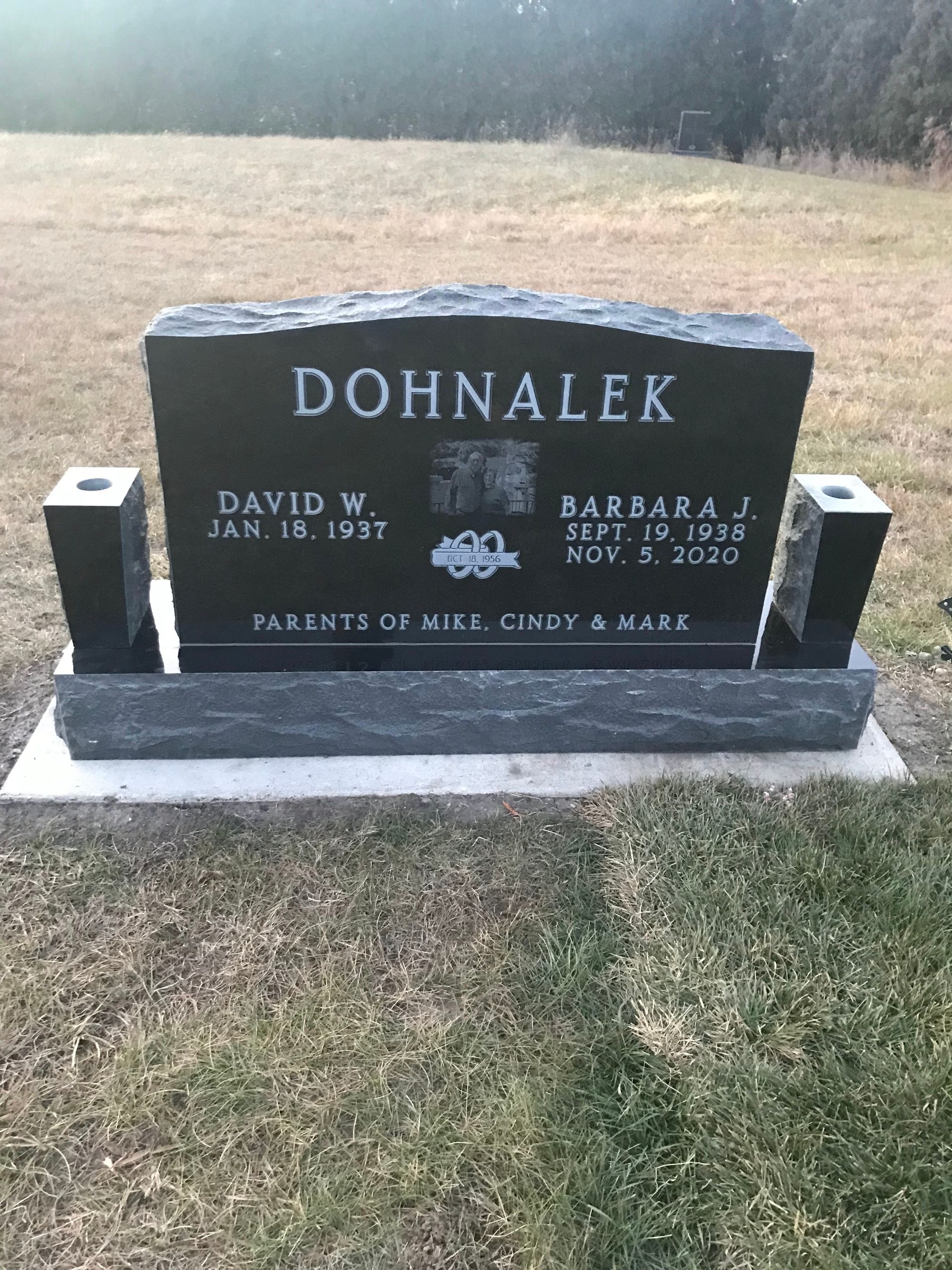 A black gravestone with the name Dohnalek on it is in a field