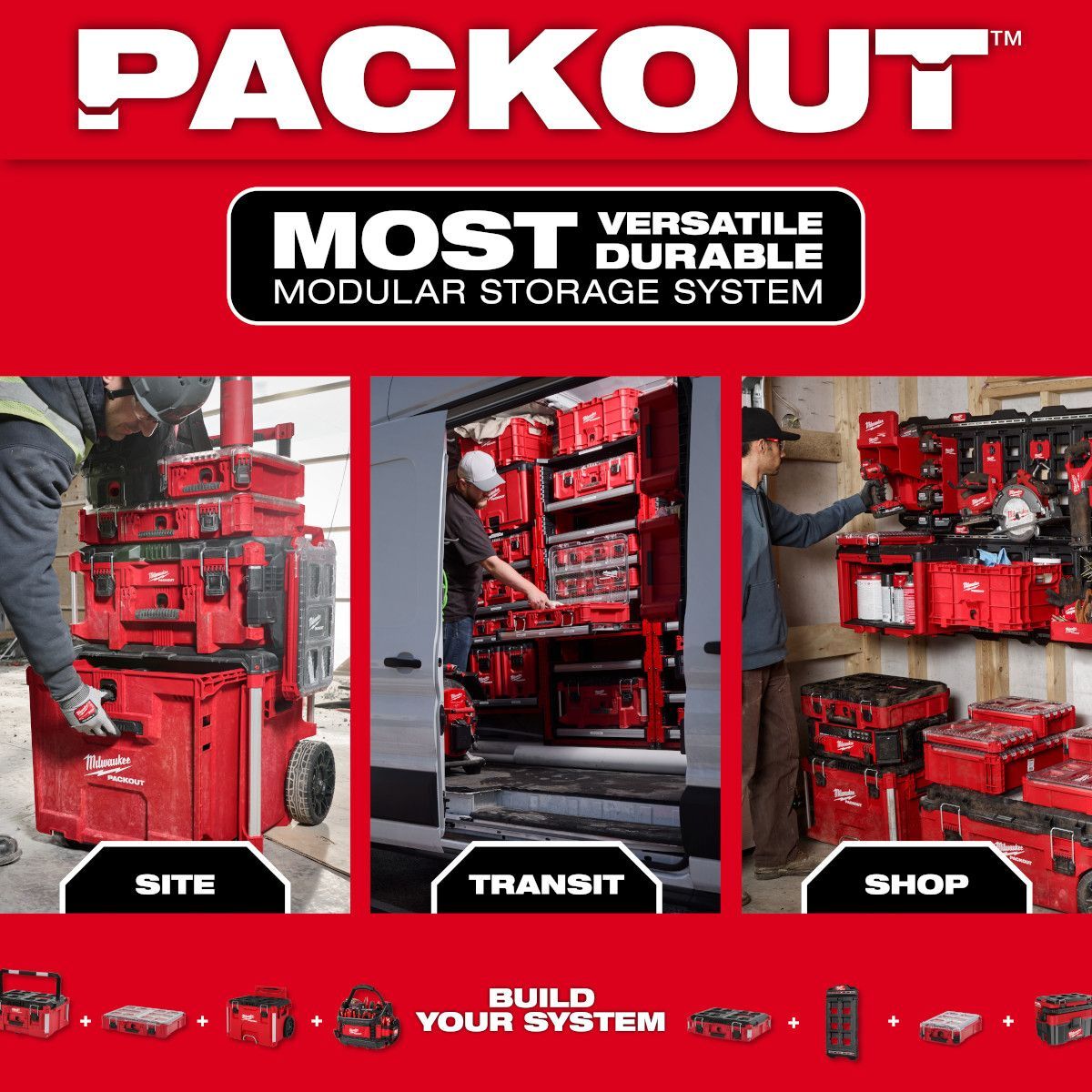 PACKOUT modular storage system ad in red and black, showing site, transit, and shop setups