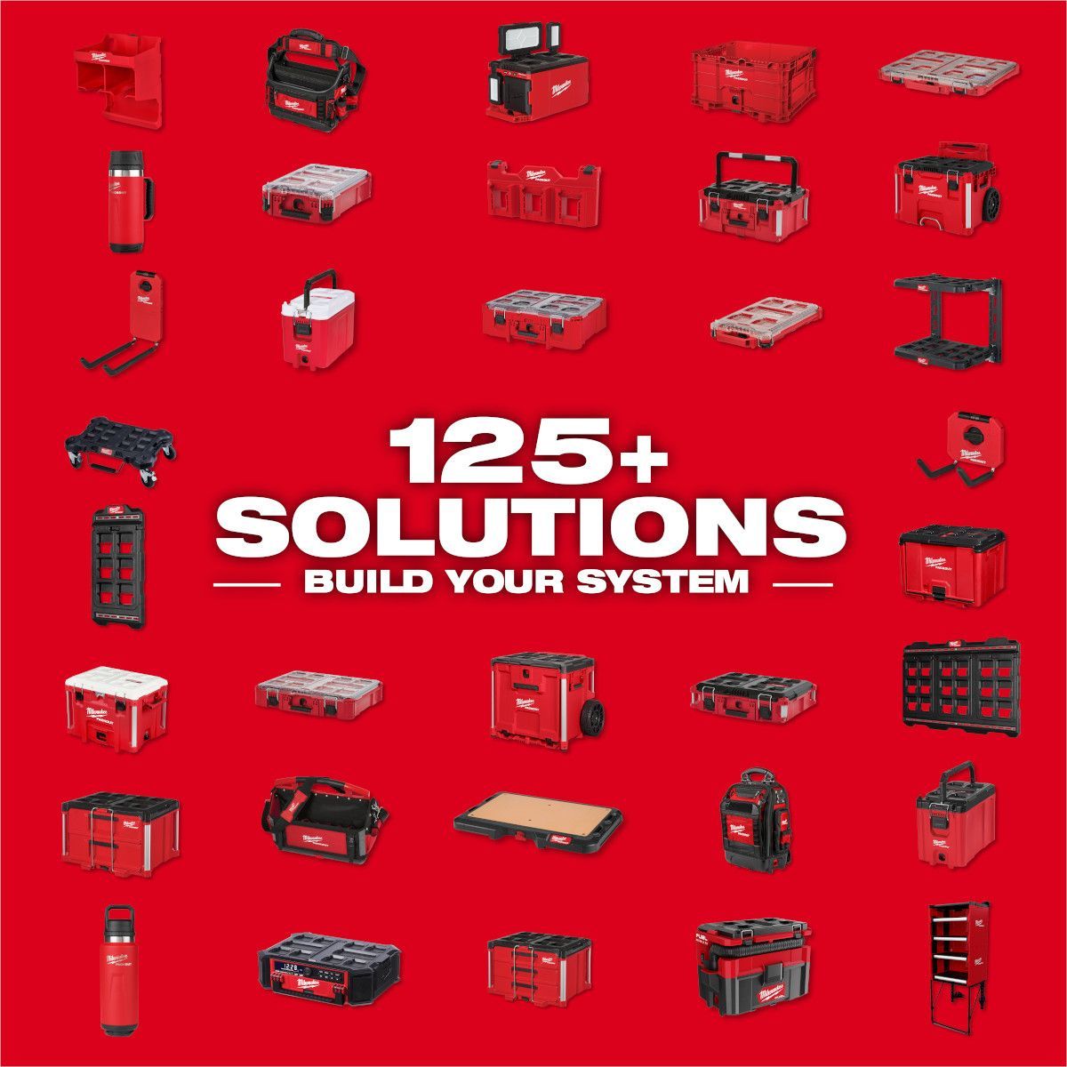 Red toolkit graphic with many red modular storage boxes and “125+ Solutions – Build Your System” text on a red background