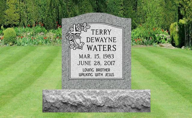 Single Upright Georgia Gray Monument with Cross and Praying Hands