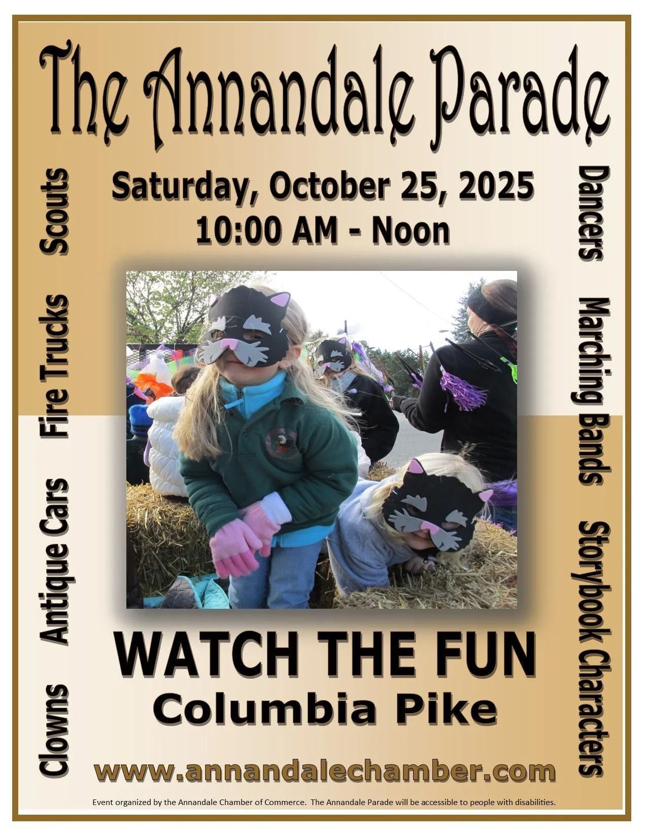 Annandale Parade poster: Girls in raccoon masks watch parade from hay bales. October 25, 2025.